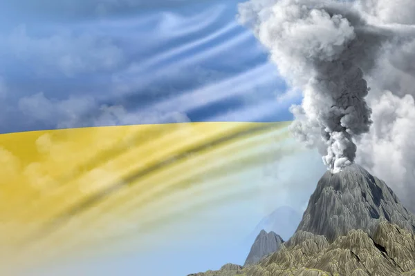 stratovolcano eruption at day time with white smoke on Ukraine flag background, troubles because of eruption and volcanic ash conceptual 3D illustration of nature