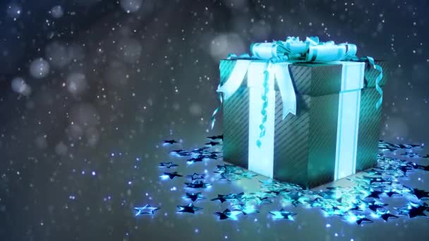 Cyber Monday Give Away Blue Present Box Dark Background Snow — Stock Video