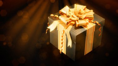 Altın - renkli koyu arkaplan üzerine siyah güzelleştirilmiş hediye - soyut üç boyutlu illüstrasyon