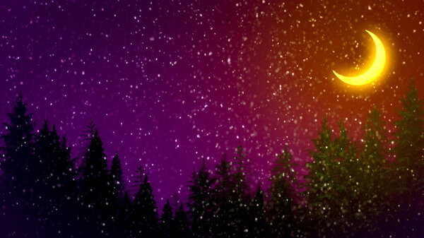 Woods at night, snow with colorful sky - xmas theme , cgi abstract 3D illustration