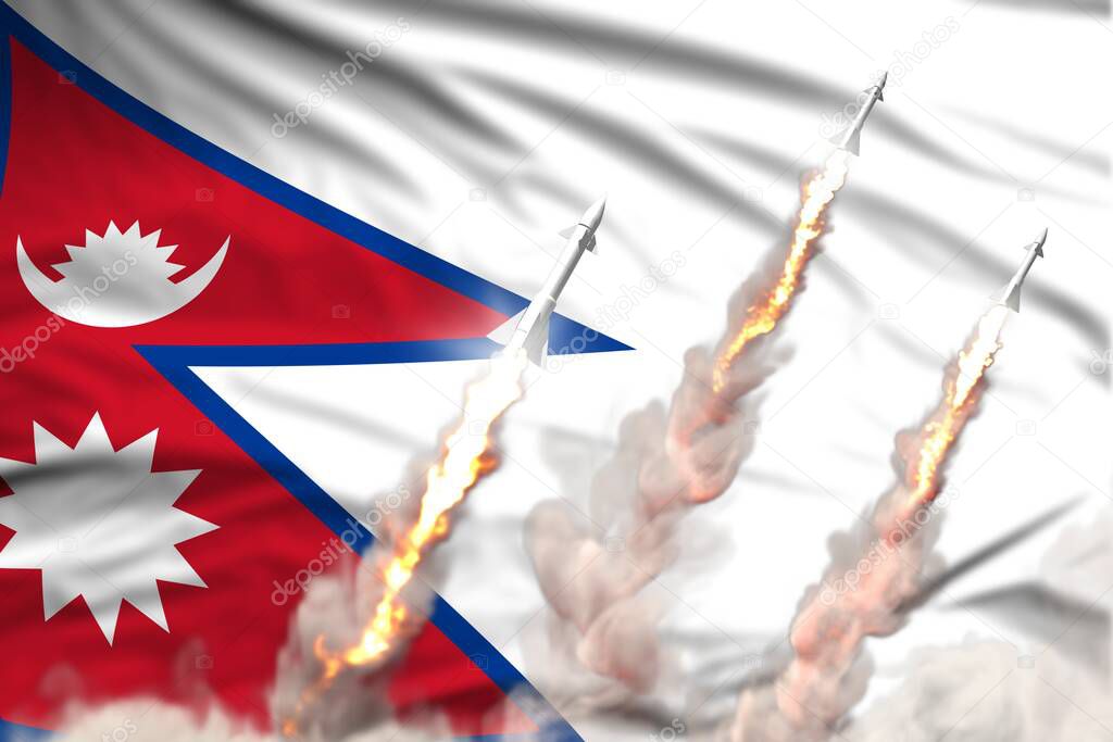 Nepal nuclear missile launch - modern strategic nuclear rocket weapons concept on flag fabric background, military industrial 3D illustration with flag