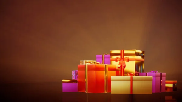 shining surprise gifts pile on festal backdrop - object 3D rendering