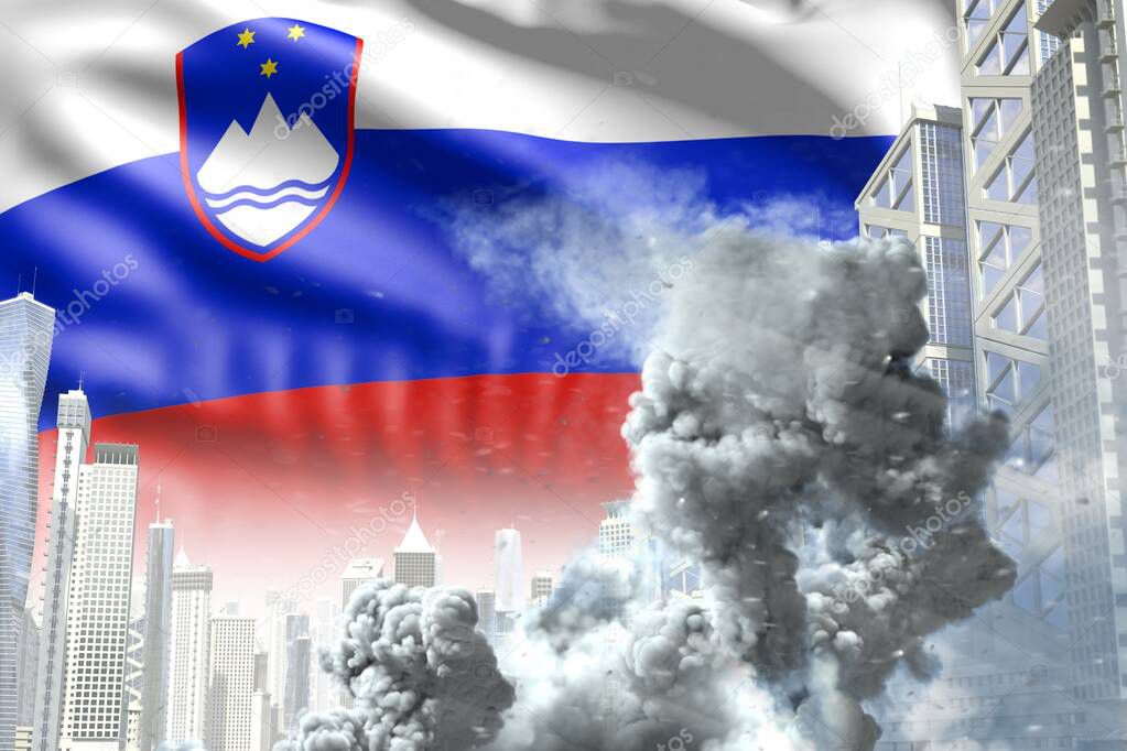 large smoke pillar in abstract city - concept of industrial catastrophe or terroristic act on Slovenia flag background, industrial 3D illustration