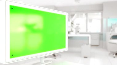 Yüksek teknoloji ofisindeki krom anahtar ekranlı monitör, kurgusal