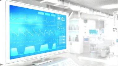 Yüksek teknoloji klinik odasında yapay havalandırma animasyonu görüntüleniyor.