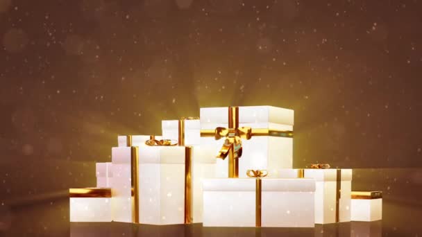 Праздничная Светящаяся Группа Подарков Падающим Снегом — стоковое видео