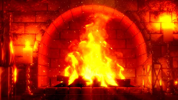 Red Rock Fireplace Flames Glowing Digital Object Illustration — Stock Photo, Image