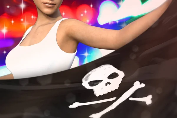 beautiful girl is holding Pirate flag in front of her on the  party lights - flag concept 3d illustration