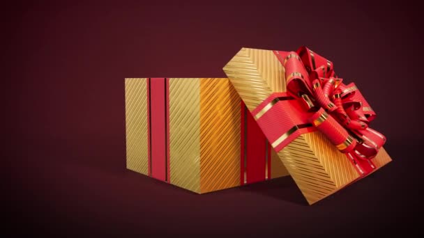 Geöffnete Verschönerte Goldene Und Rote Geschenkschachtel Vor Dunklem Hintergrund — Stockvideo