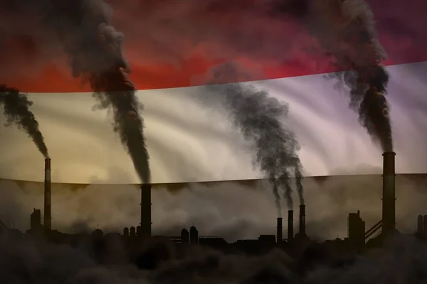 Koncept Globálního Oteplování Těžký Kouř Rostlinných Komínů Pozadí Jemenské Vlajky — Stock fotografie