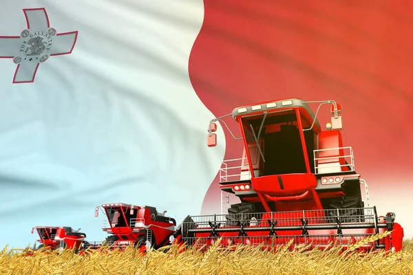 Rosso Fattoria Agricola Combinare Mietitrice Sul Campo Con Sfondo Bandiera — Foto Stock