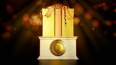 Arkaplanı parlayan hediye kutusuyla kazanan podyum - nesne 3B görüntüleme