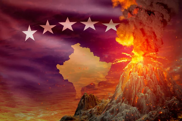 夜间高火山爆发 背景为科索沃国旗爆炸 火山爆发问题和火山地震概念三维说明 — 图库照片