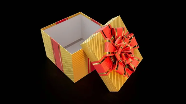 在黑色的 孤立的物体三维插图上打开了装饰精美的黄金和红色礼物 — 图库照片