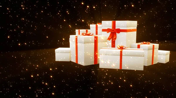 Background Holiday Lighting Present Boxes Falling Snow Abstract Rendering — Stock Photo, Image