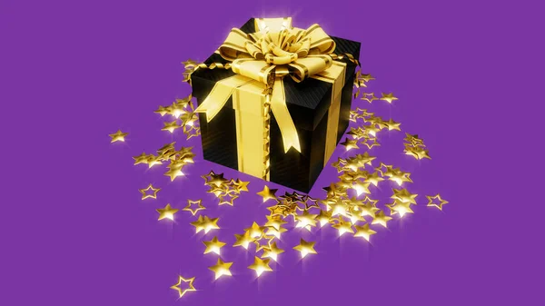 黒金曜日の売り切れのための黄金の星と美しい驚きのギフトボックス オブジェクト3Dレンダリング — ストック写真