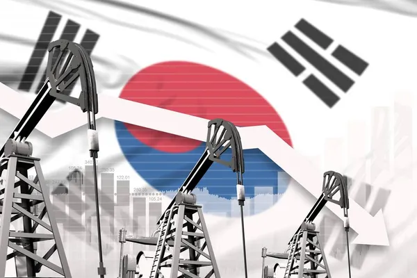 Republic of Korea (South Korea) oil industry concept, industrial illustration - lowering down chart on Republic of Korea (South Korea) flag background. 3D Illustration