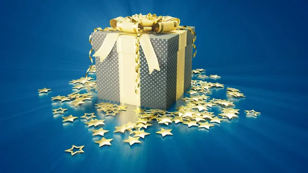 Schattig Cadeau Met Gouden Sterren Blauw Xmas Concept Abstract Rendering — Stockfoto