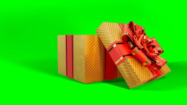 クロマキー画面上で装飾されたゴールドと赤のプレゼントボックスを開き オブジェクト3Dレンダリング — ストック写真