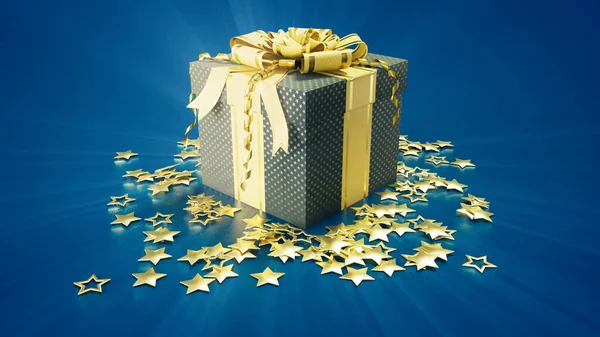 Bonita Caja Actual Con Estrellas Doradas Azul Concepto Navidad Ilustración — Foto de Stock