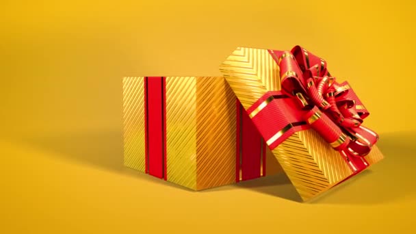 Opened Decorated Goldish Red Gift Box Orange Backdrop — Stock Video