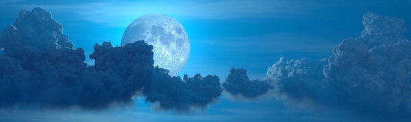 Backdrop - panoramic huge cumulus and moon , nature 3D illustration