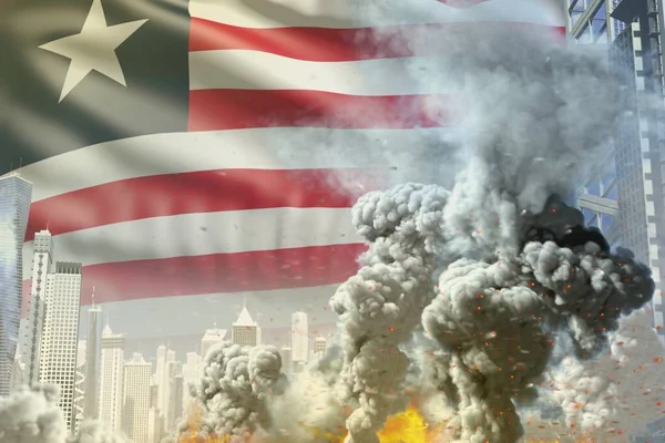 抽象都市での火災と大規模な煙列 リベリアの旗の背景に産業爆発や恐怖の行為の概念 工業用3Dイラスト — ストック写真