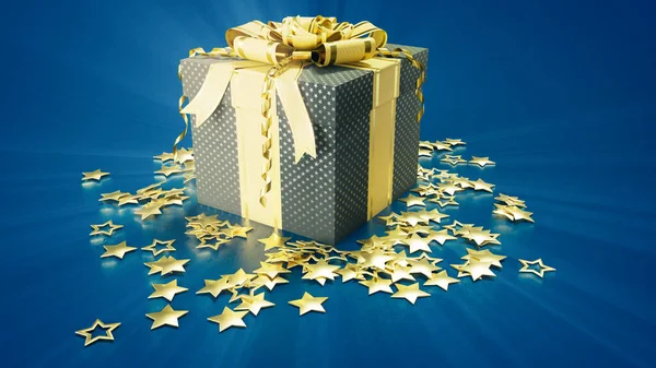 Красивая Коробка Подарков Золотыми Звездами Голубом Рождественская Концепция Абстрактная Иллюстрация — стоковое фото