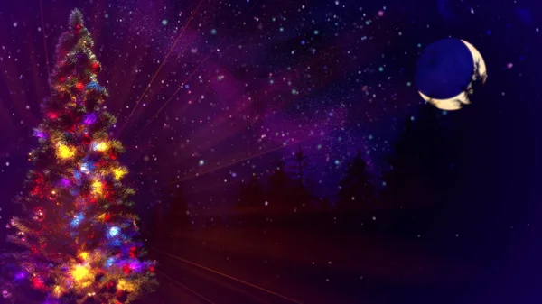 Dekorált Karácsonyfa Éjszakai Erdők Ingyenes Hely Elvont Renderelés — Stock Fotó