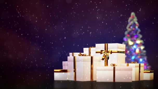 Куча Подарков Новогодней Сосной Падающим Снегом — стоковое видео
