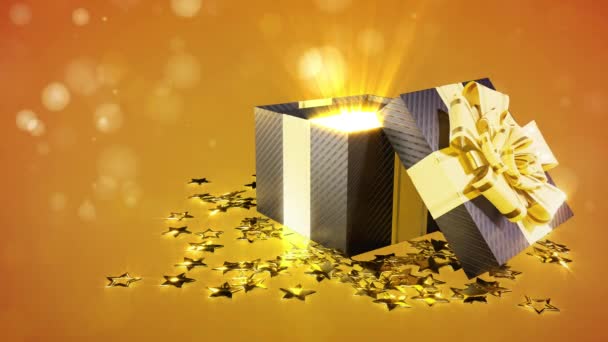 Gold Und Schwarz Geöffnete Geschenkschachtel Auf Orangefarbenem Hintergrund — Stockvideo