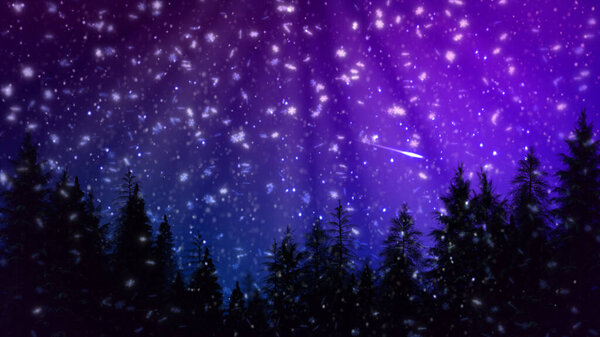 Woods at night, snow with colorful sky - christmas theme . concept abstract 3D rendering