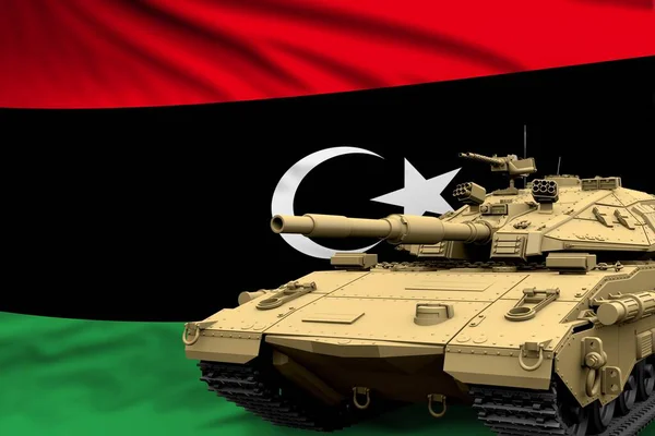 旗の背景に本物のデザインではないリビアの近代的なタンク 戦車軍の概念 軍事3Dイラスト — ストック写真