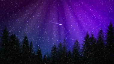Karlı gece ormanı ve gökyüzünde kayan yıldız, Noel arkaplanı