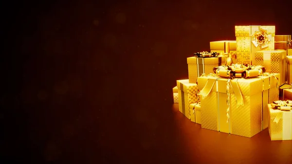 Pilha Ouro Caixas Presente Para Ano Novo Com Espaço Livre — Fotografia de Stock