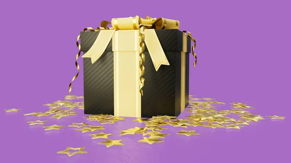 Ozdobione Pudełko Prezent Niespodzianka Złotymi Gwiazdami Czarny Piątek Prezentów Izolowane — Zdjęcie stockowe