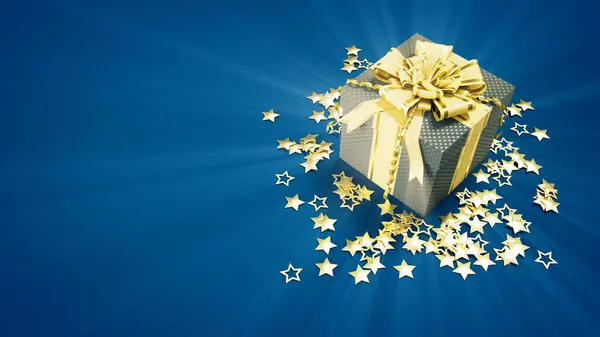 Mooie Verrassing Geschenkdoos Met Gouden Sterren Blauw Xmas Concept Abstracte — Stockfoto