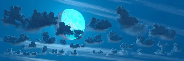 巨大的云层和月亮的全景 概念自然3D渲染 — 图库照片