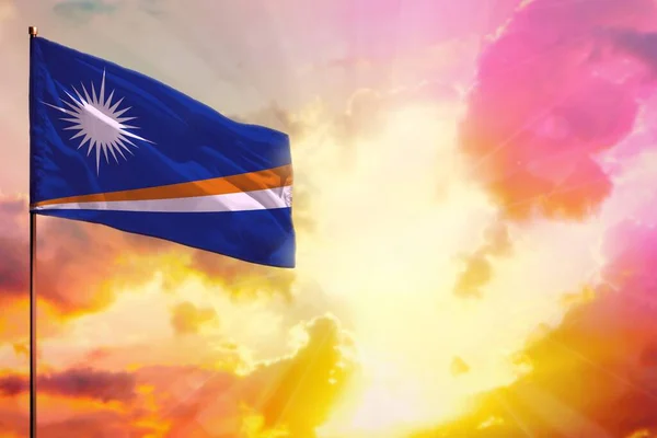 Ondeando Bandera Las Islas Marshall Maqueta Esquina Superior Izquierda Con —  Fotos de Stock