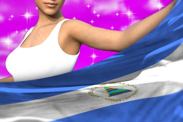 Ładna Kobieta Trzyma Flagę Nikaragui Przed Nią Różowe Kolorowe Chmury — Zdjęcie stockowe