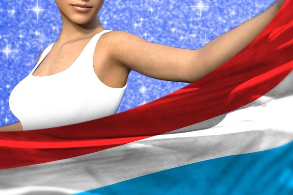 Aranyos Hölgy Tartja Luxemburg Zászló Előtte Kék Csillogó Szikrák Háttér — Stock Fotó