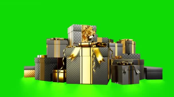 Schwarze Überraschungsgeschenkboxen Mit Reflexion Auf Grünem Bildschirm Isoliert — Stockvideo