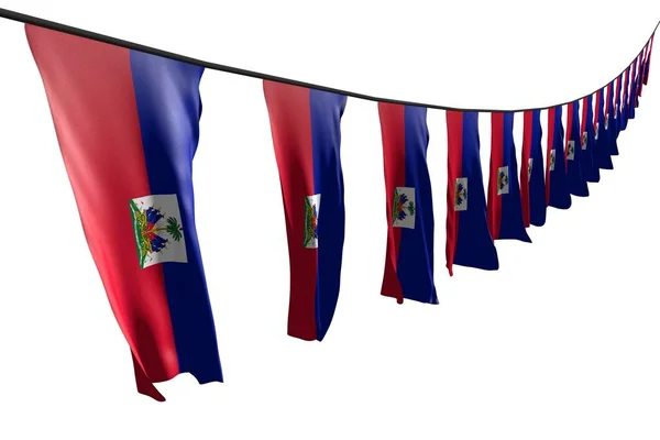 Gyönyörű Sok Haiti Zászlók Vagy Zászlók Lógó Átlós Perspektívával Kötél — Stock Fotó