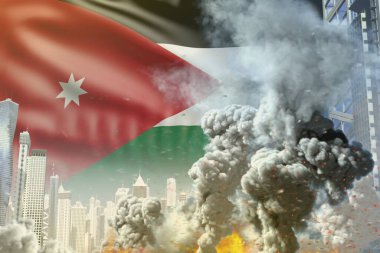 Büyük duman sütunu modern şehirde yangın - endüstriyel patlama kavramı veya Ürdün bayrak arka planında terör eylemi, endüstriyel 3D illüstrasyon