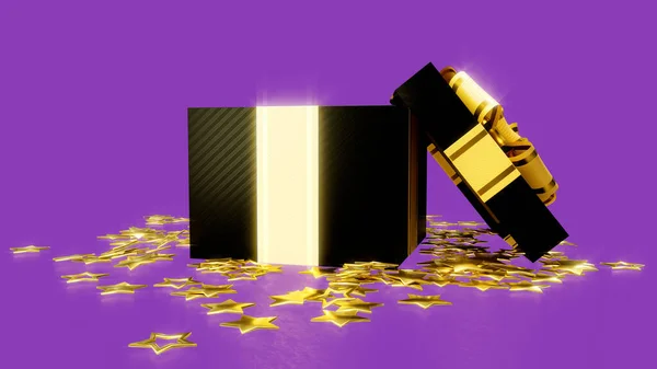 Dekorierte Geöffnete Geschenkschachtel Mit Goldenen Sternen Für Black Friday Giveaway — Stockfoto