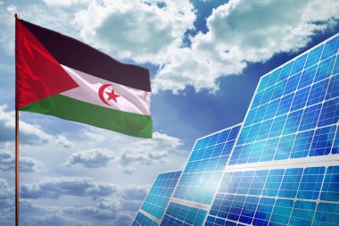 Batı Sahra güneş enerjisi, bayraklı alternatif enerji endüstriyel kavramı - küresel ısınmayla mücadele - endüstriyel illüstrasyon, 3D illüstrasyon