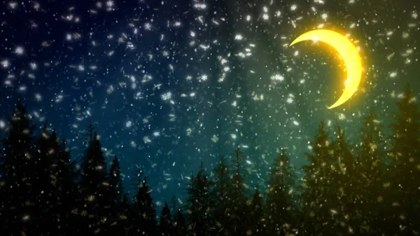 Лес Ночью Снег Красочным Небом Рождественская Тема Рендеринг — стоковое фото