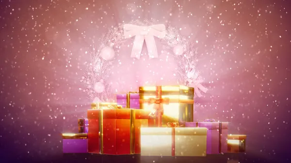 Χριστουγεννιάτικο Στεφάνι Και Κουτί Δώρου Σωρός Έννοια Διακοπών Αφηρημένη Απόδοση — Φωτογραφία Αρχείου