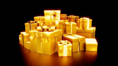 Goldish hediye kutuları noel veya siber pazartesi satışları için istiflenir, izole edilmiş - 3D nesne oluşturma