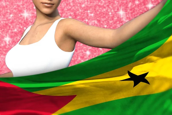 Niedliche Frau Hält Die Flagge Von Sao Tome Und Principe — Stockfoto